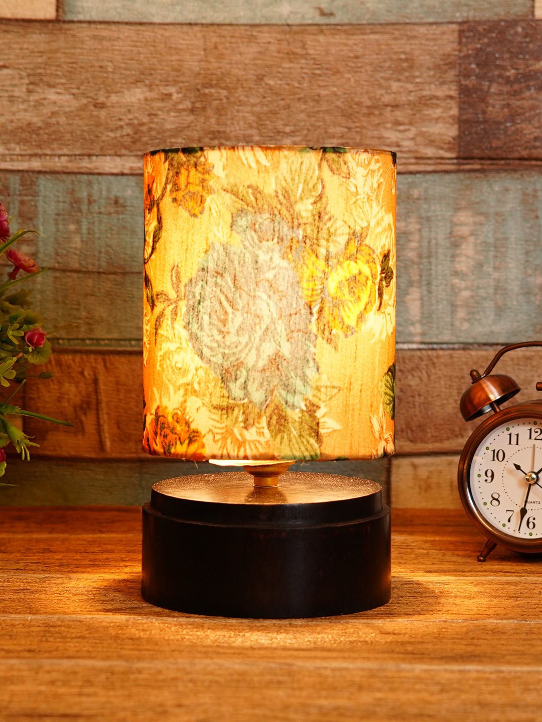 foziq Brown & Mustard Floral Printed Wooden Table Lamps Price in India