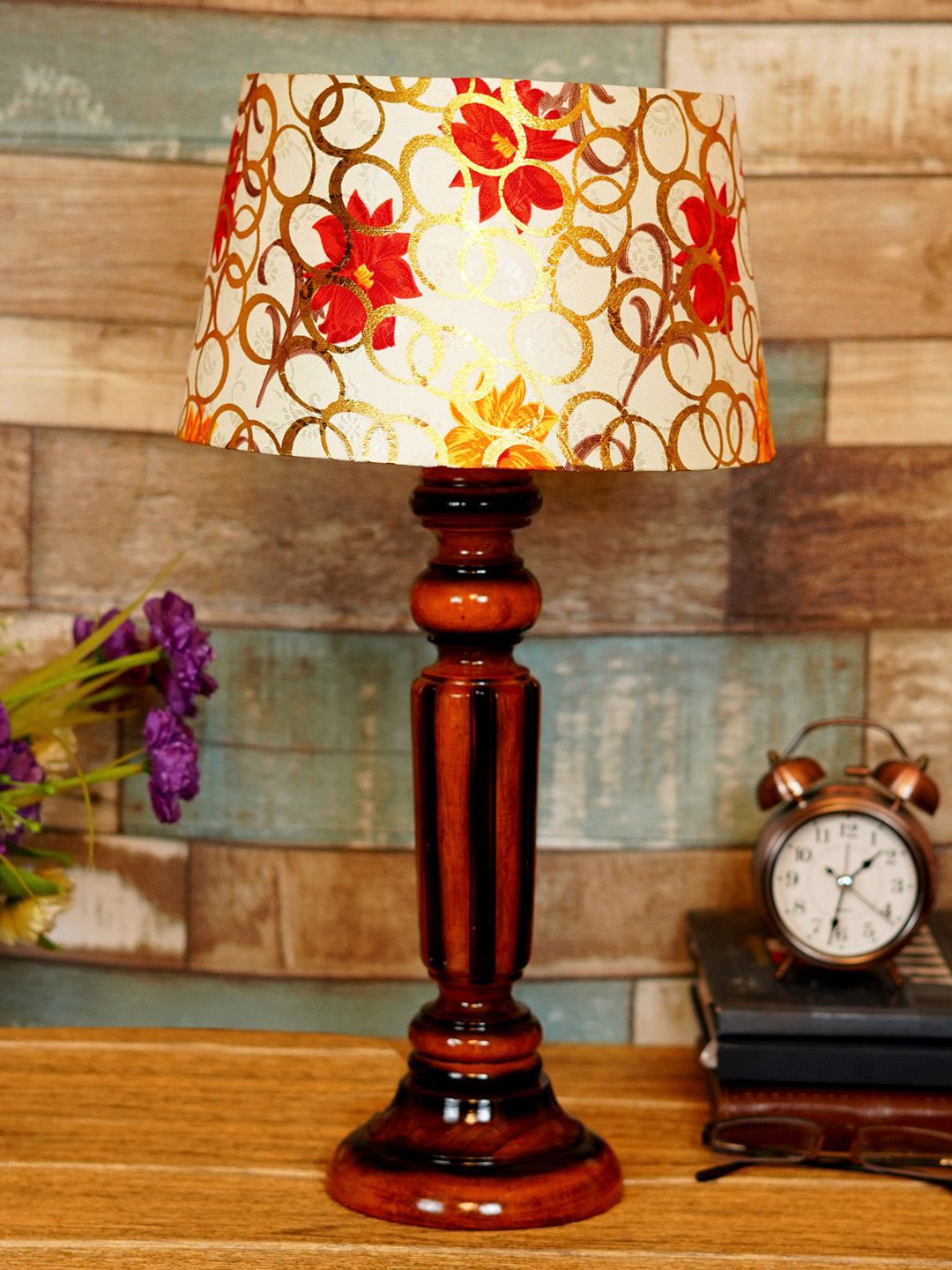 foziq Brown & White Floral Printed Wooden Table Lamp Price in India