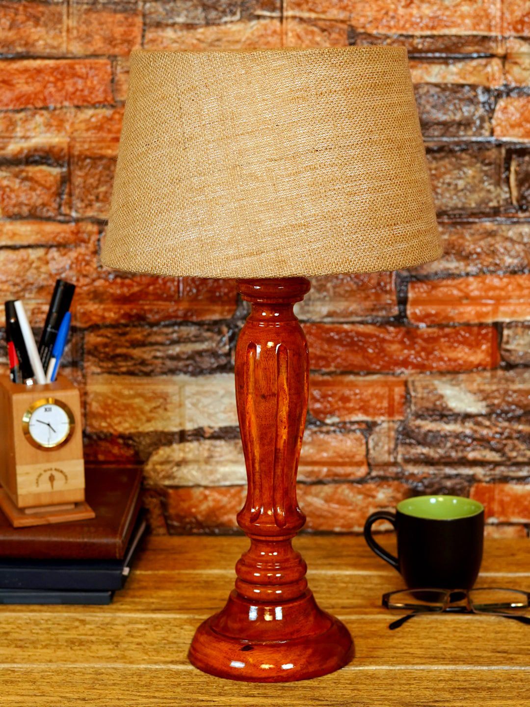 foziq Brown & Beige Textured Frustum Shaped Table Lamp Price in India