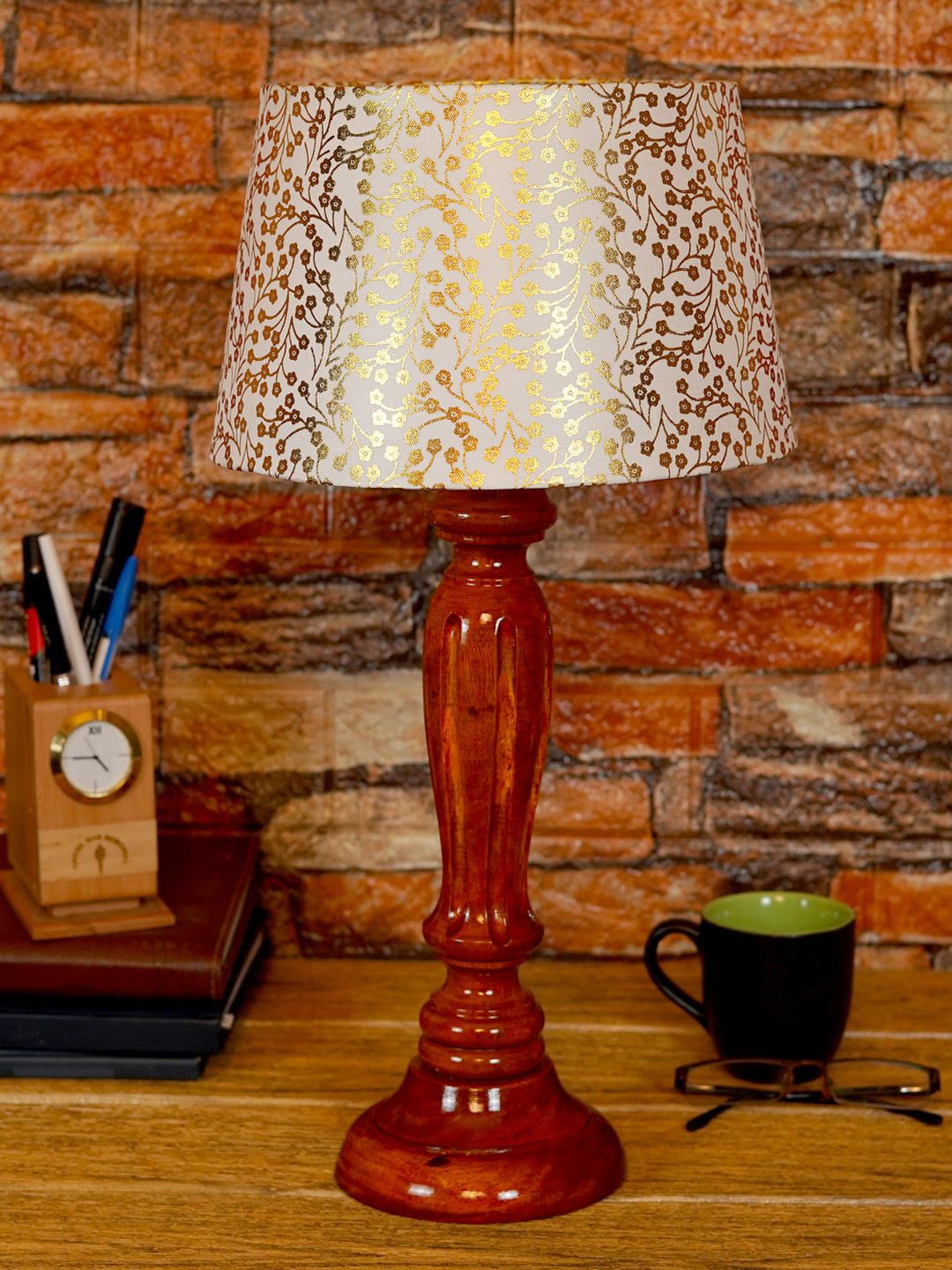 foziq Brown & White Printed Wooden Table Lamps Price in India