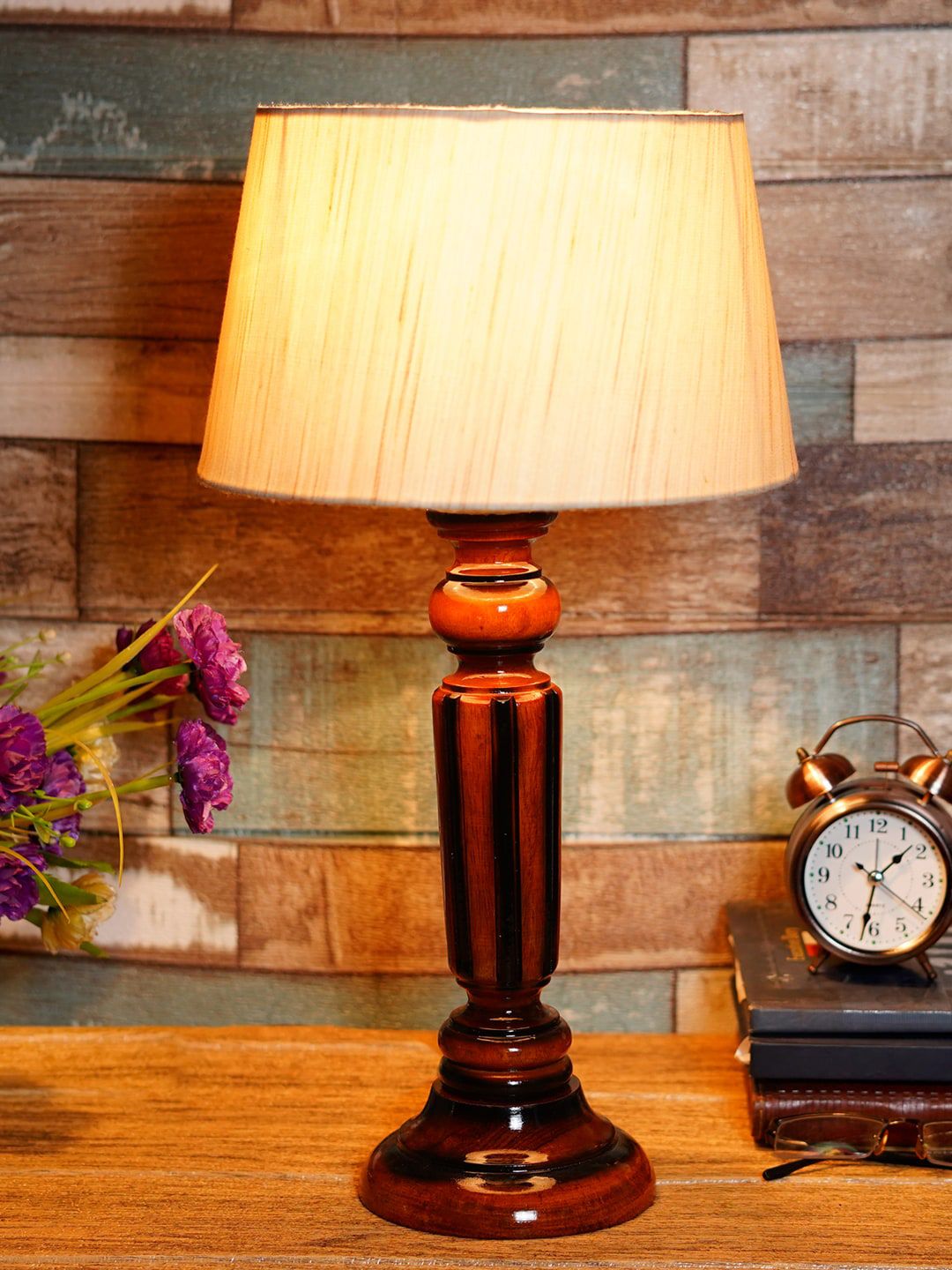 foziq Brown & Beige Textured Wood Table Lamp Price in India