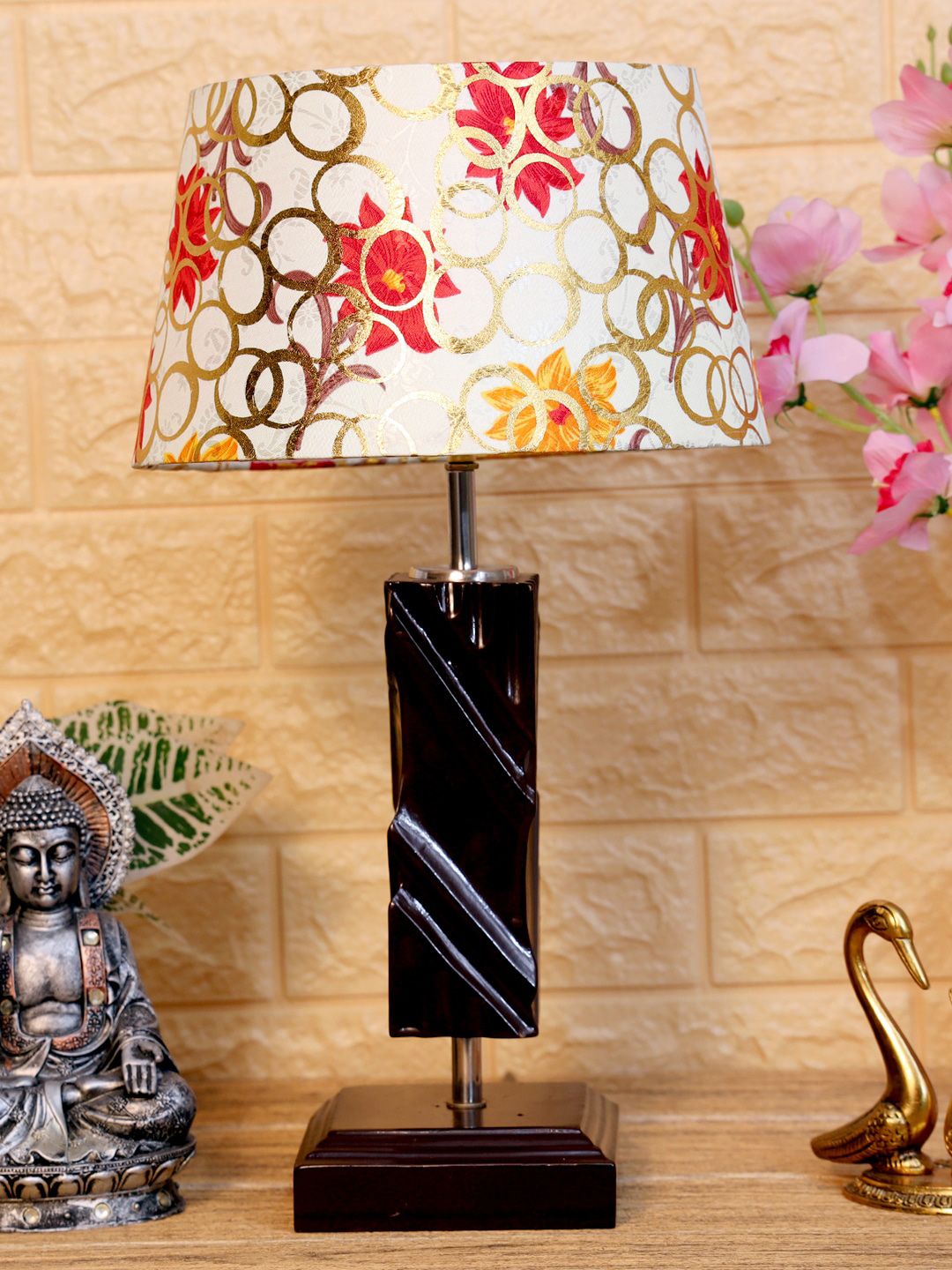 foziq Brown & White Printed Wood Table Lamp Price in India