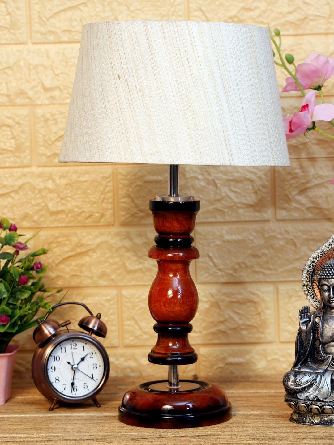 foziq Brown & Beige Textured Wooden Table Lamps Price in India