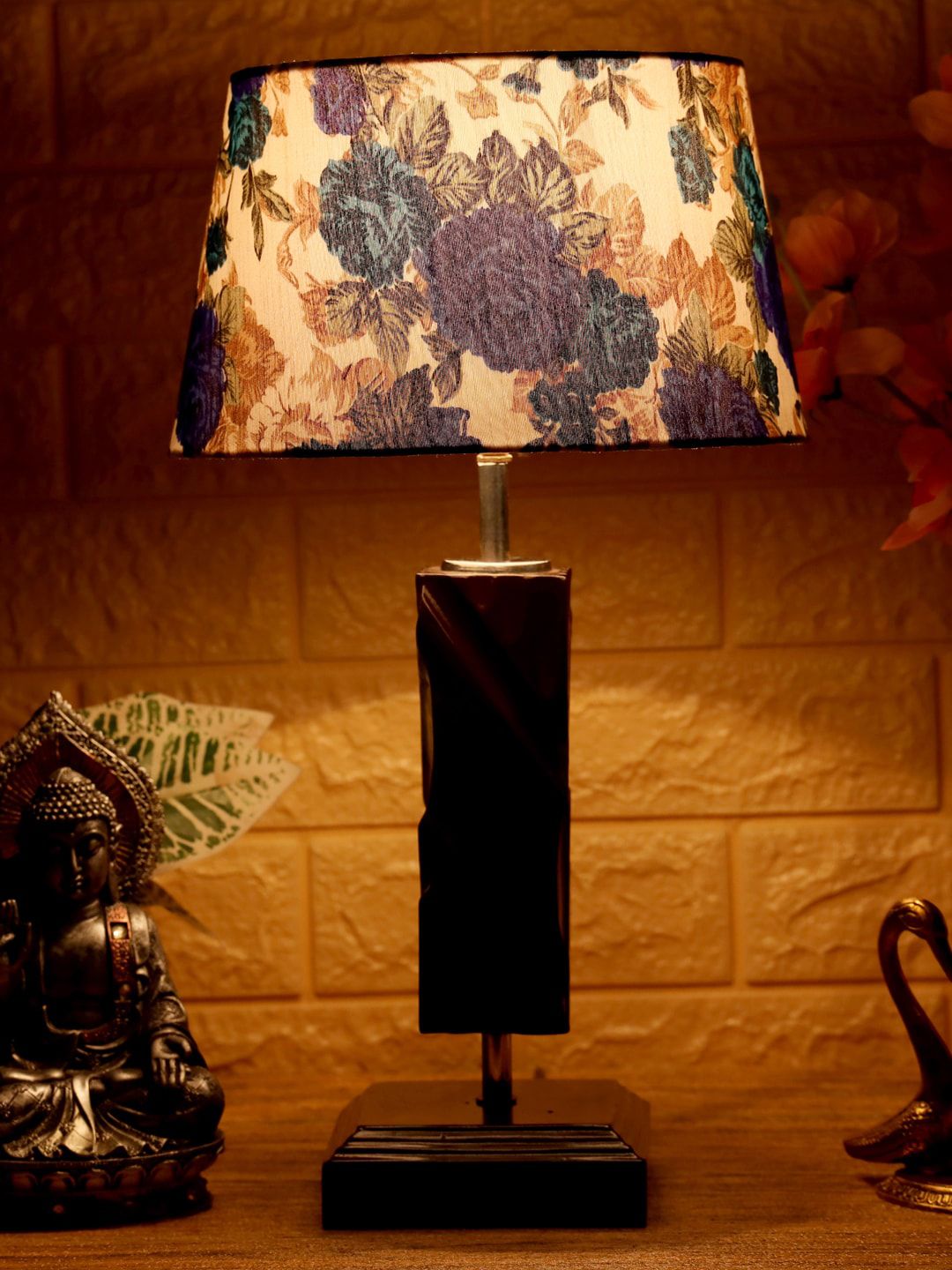 foziq Brown & Blue Floral Printed Wooden Table Lamps Price in India