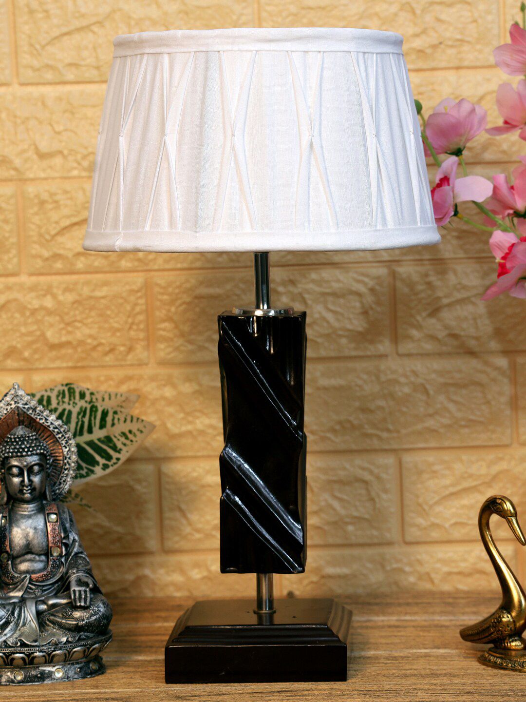 foziq Brown & Cream-Coloured Textured Wooden Table Lamp Price in India