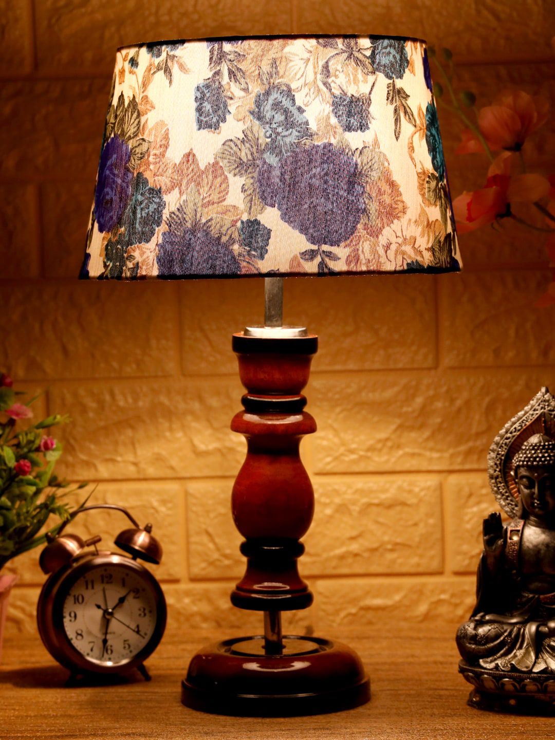 foziq Brown & Blue Floral Printed Wooden Table Lamps Price in India