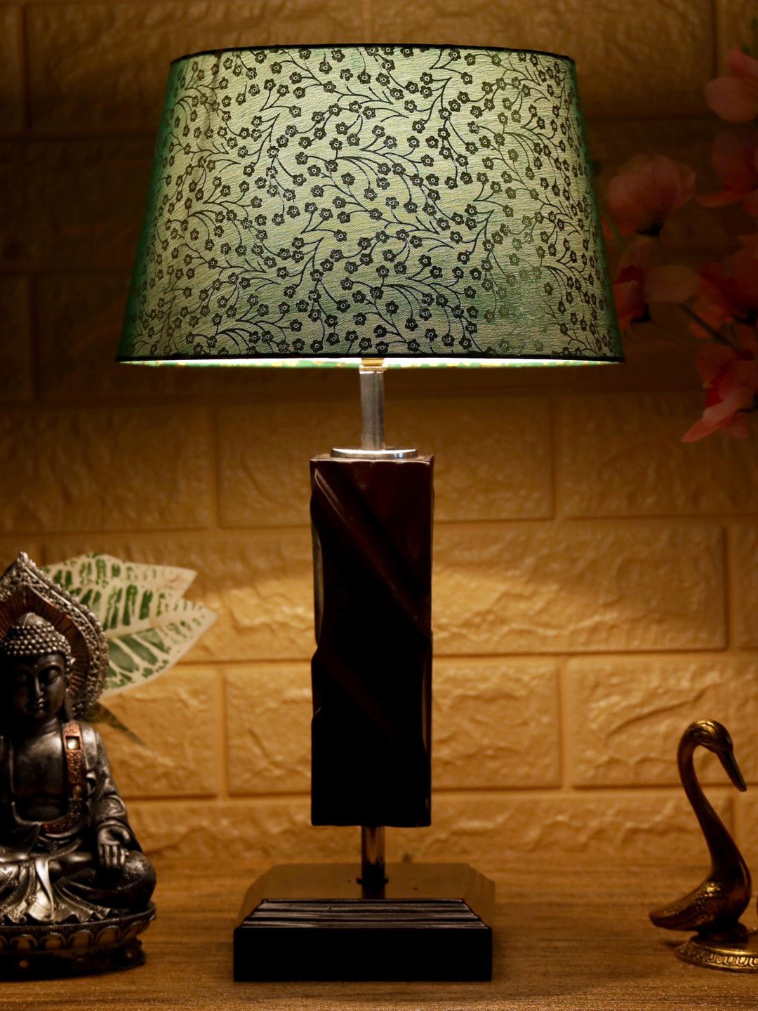 foziq Brown & Green Printed Wood Table Lamp Price in India