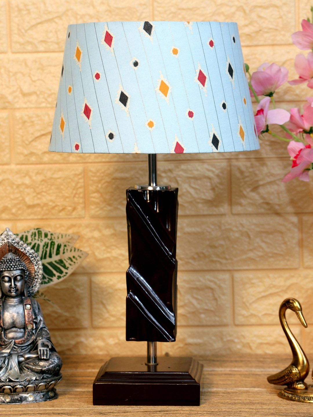 foziq Brown & Blue Printed Wood Table Lamp Price in India