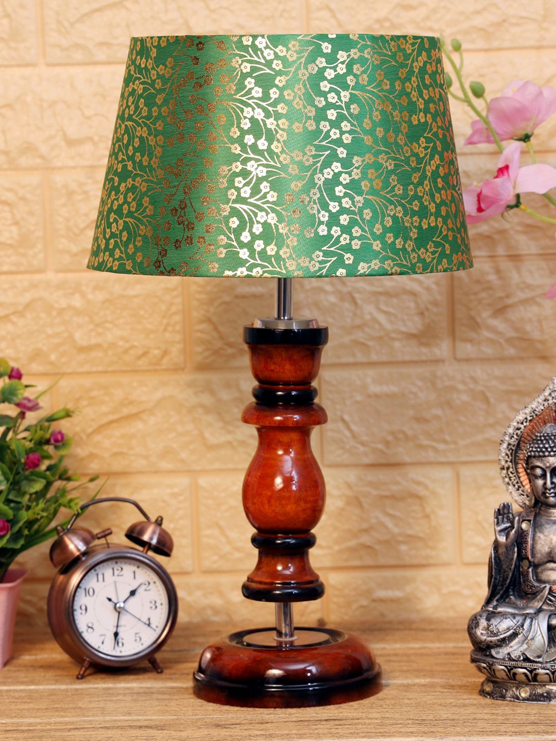 foziq Brown & Green Printed Wooden Table Lamp Price in India