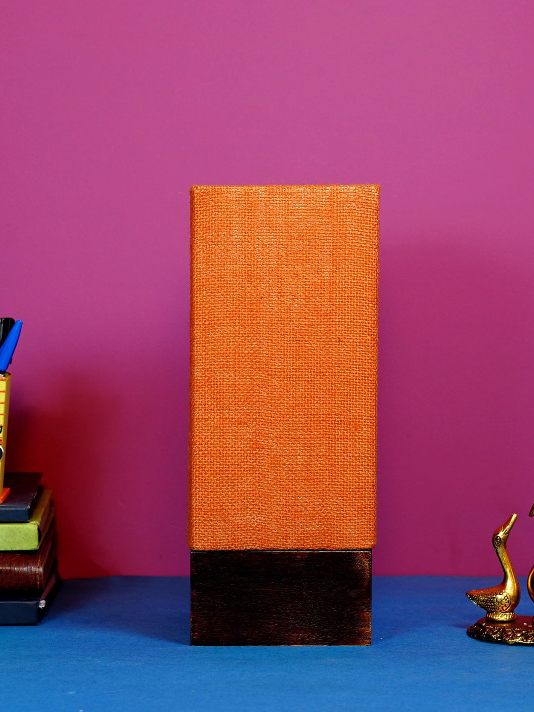 foziq Brown & Orange Textured Wooden Table Lamps Price in India