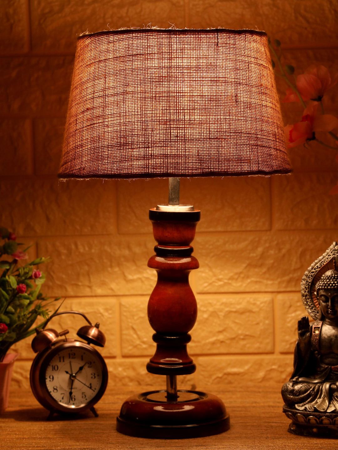 foziq Brown & Beige Textured Wooden Table Lamps Price in India