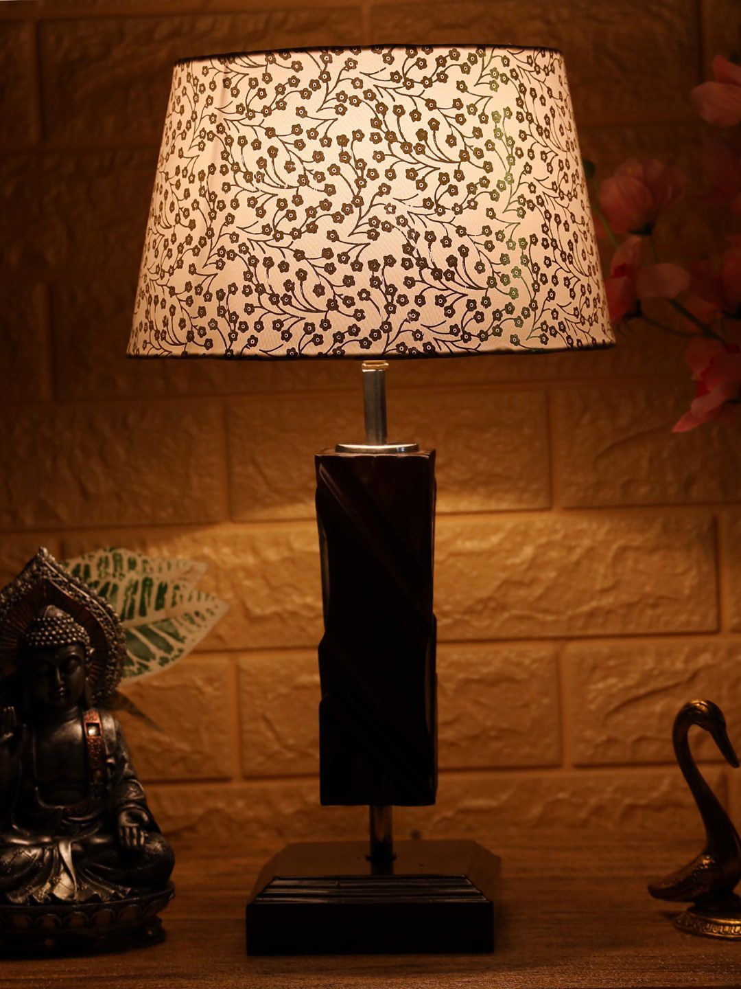 foziq Brown & White Printed Wooden Table Lamp Price in India