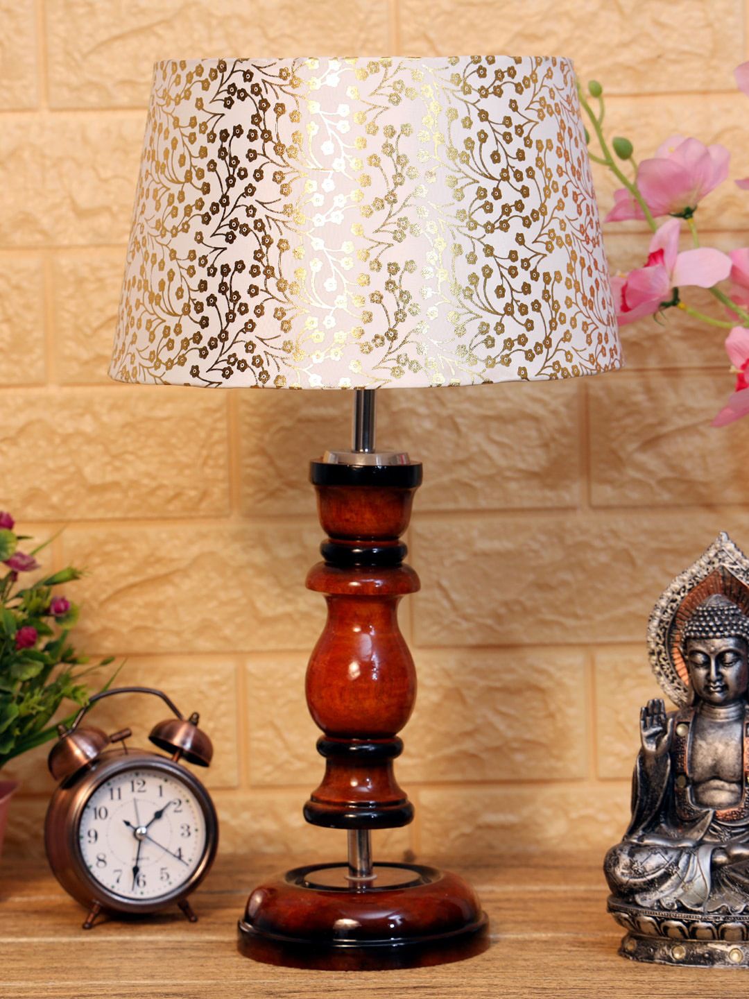 foziq Brown & White Printed Wooden Table Lamps Price in India