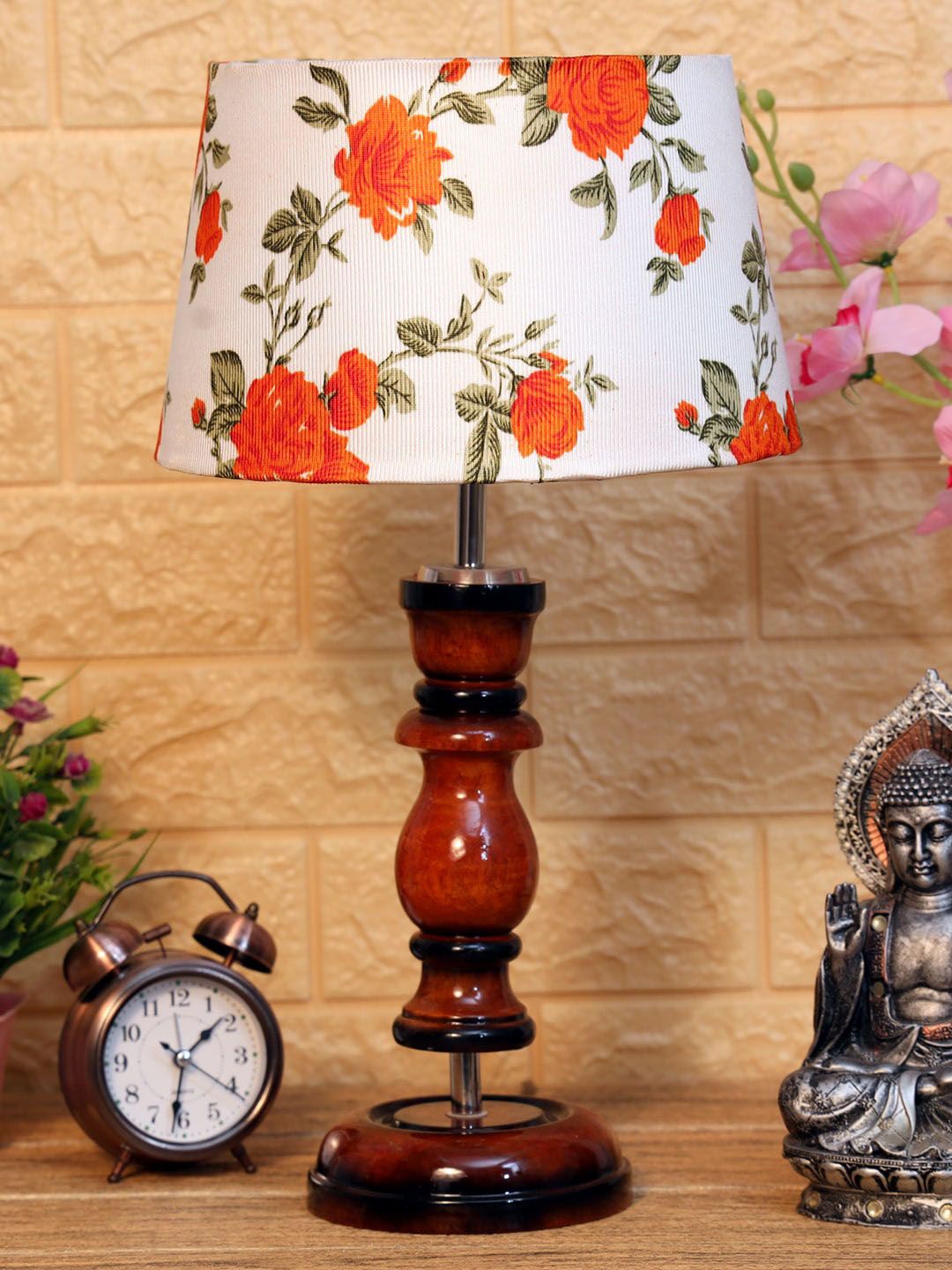 foziq Brown & White Printed Wooden Table Lamp Price in India