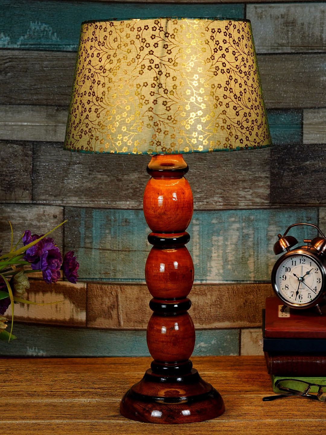 foziq Brown & Gold-Toned Printed Wooden Table Lamps Price in India