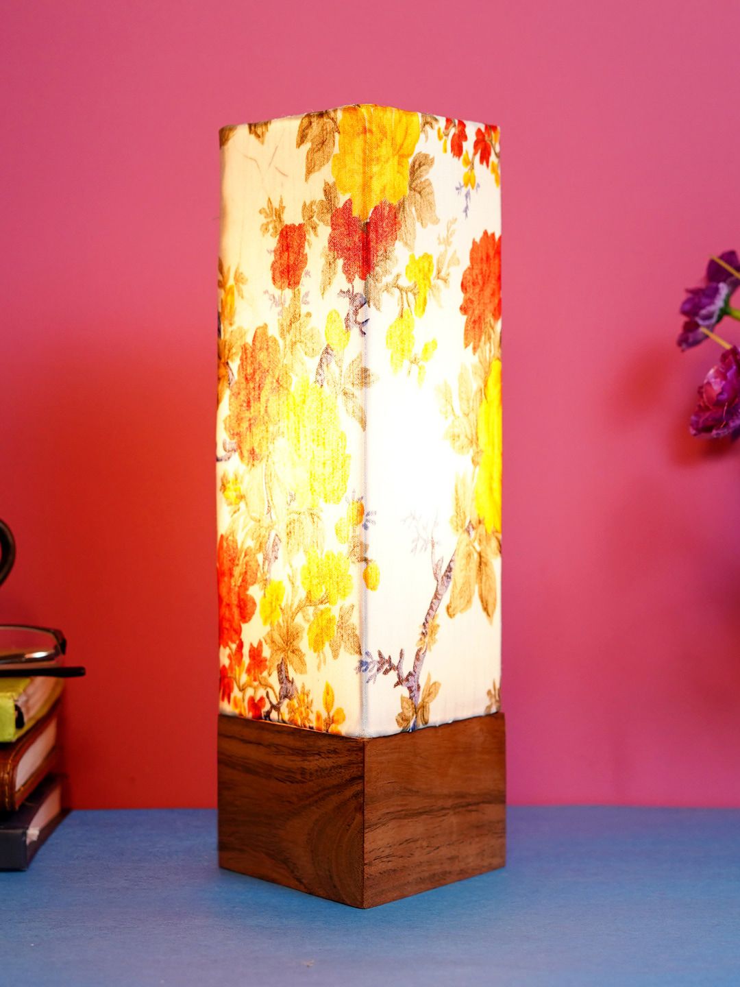 foziq Brown & White Printed Wooden Table Lamp Price in India