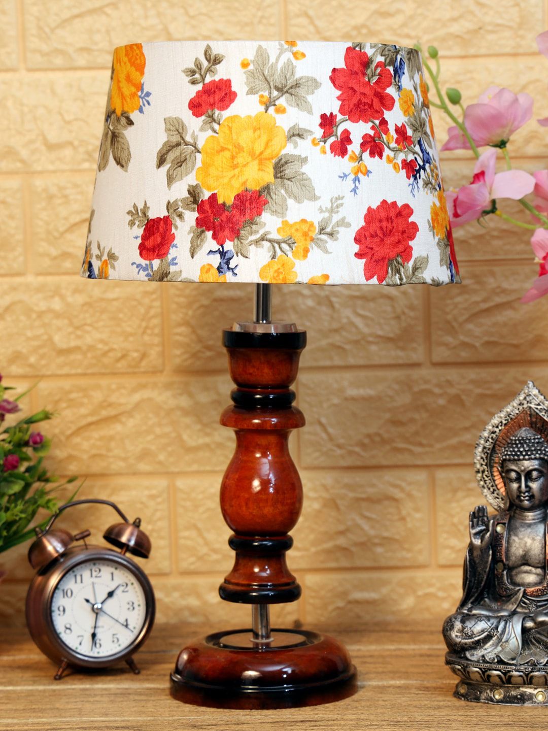 foziq Brown & White Printed Wooden Table Lamps Price in India