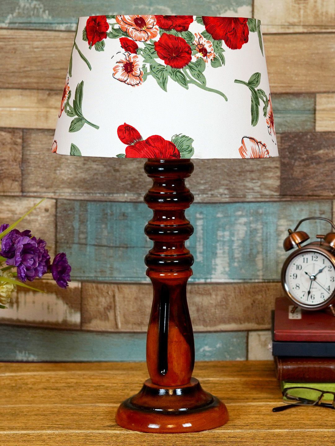 foziq Brown & White Printed Wooden Table Lamp Price in India