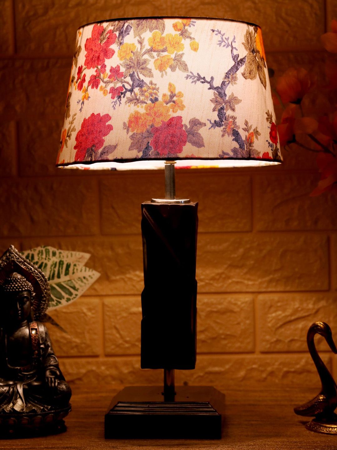 foziq Brown & White Printed Wood Table Lamp Price in India