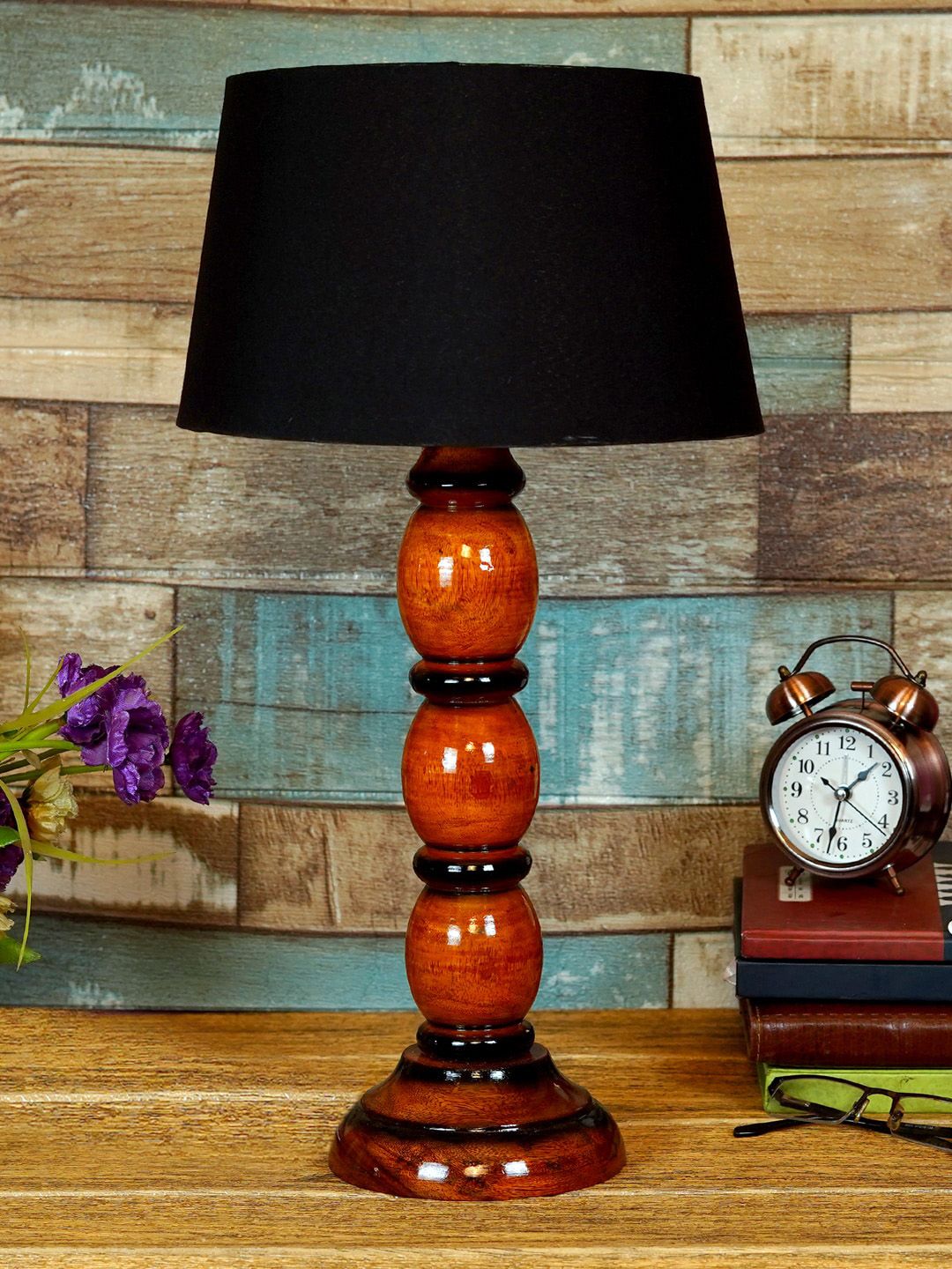foziq Brown & Black Solid Wooden Table Lamps Price in India