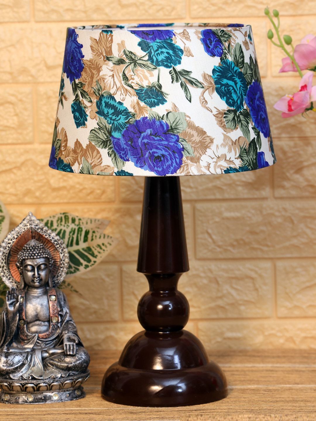 foziq Brown & blue Printed Wooden Table Lamps Price in India