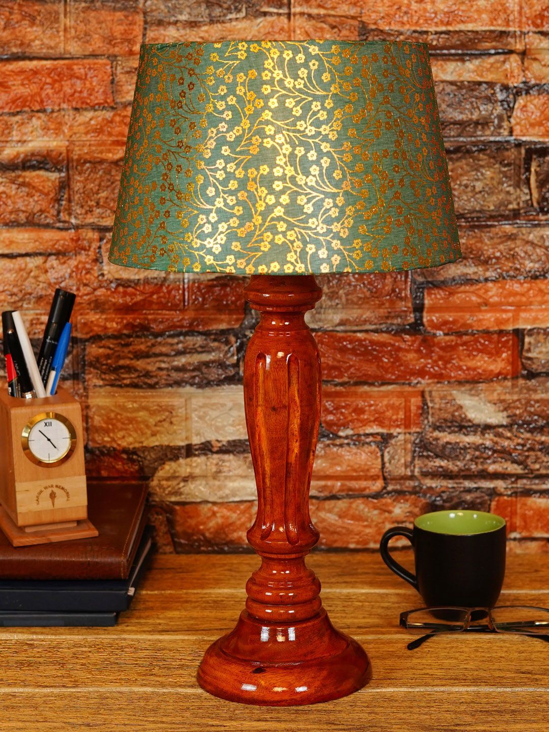 foziq Brown & Green Printed Wooden Table Lamps Price in India