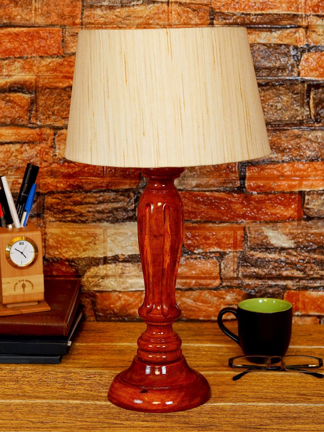 foziq Brown & Beige Textured Wooden Table Lamp Price in India
