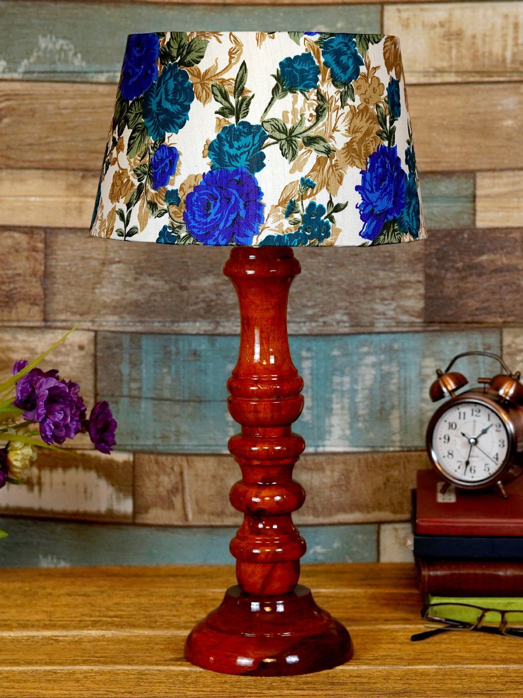 foziq Brown & Blue Printed Wooden Table Lamp Price in India