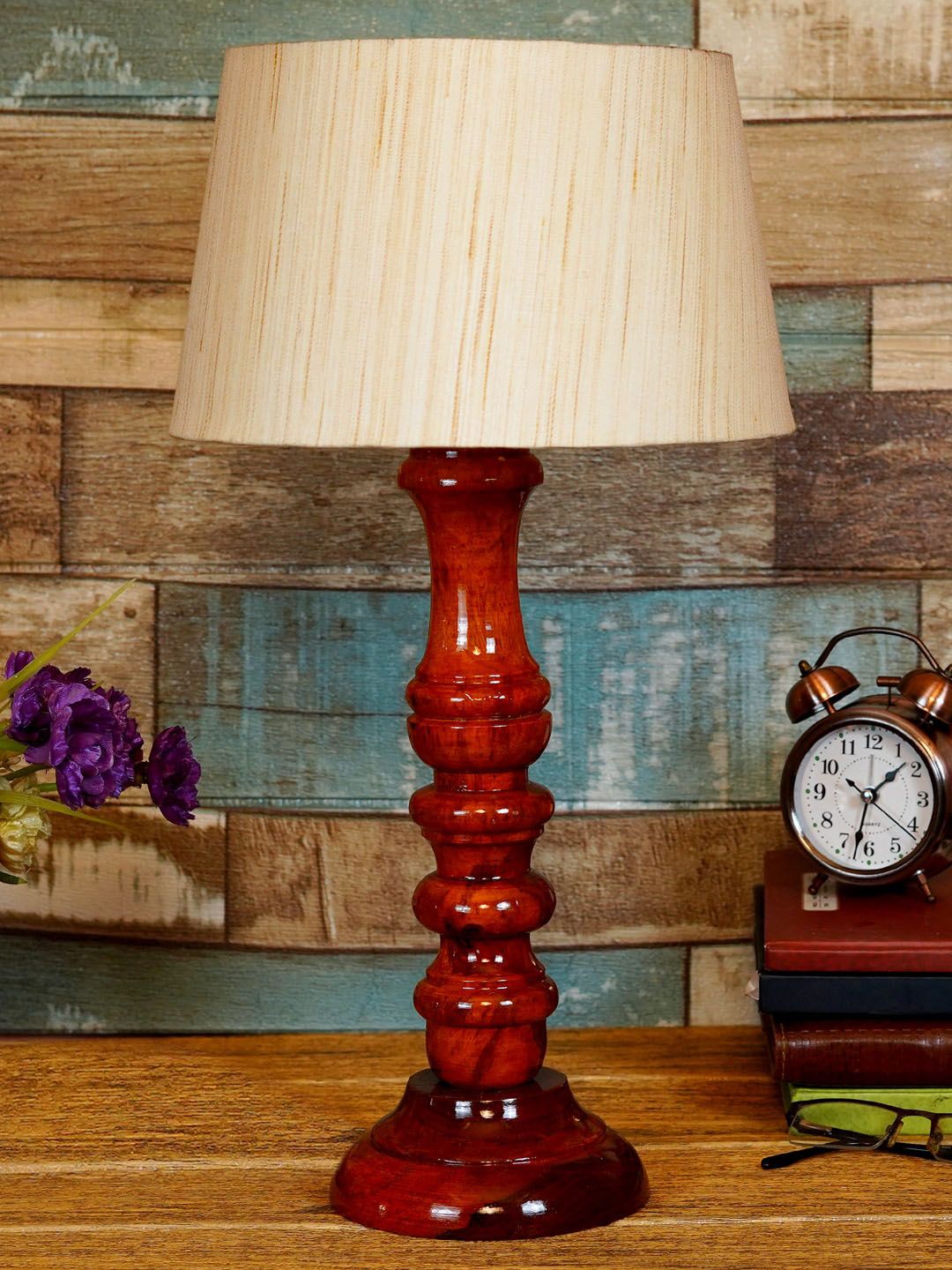 foziq Brown & Beige Textured Wooden Table Lamps Price in India