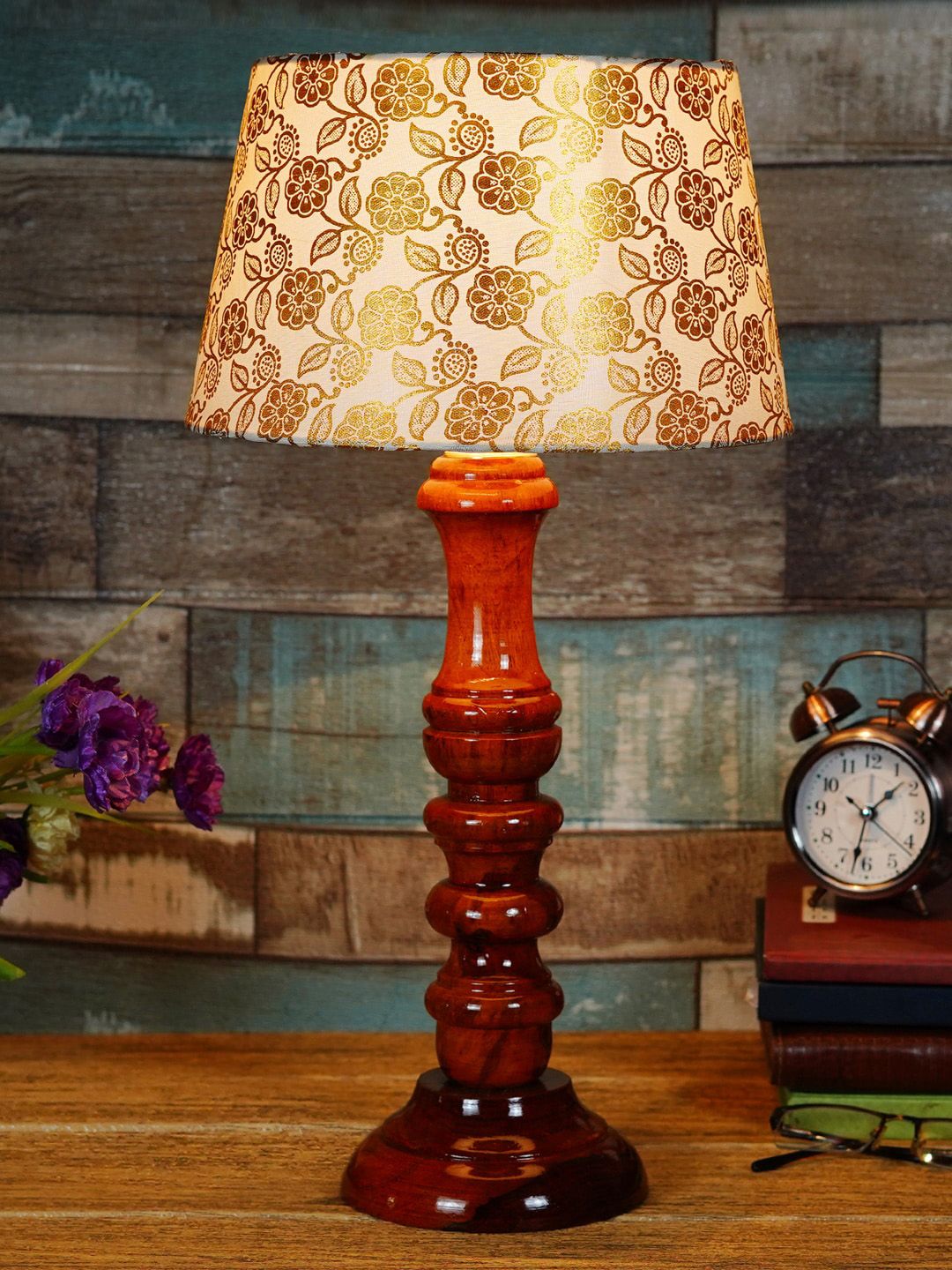 foziq Brown & Gold-Toned Printed Wooden Table Lamps Price in India