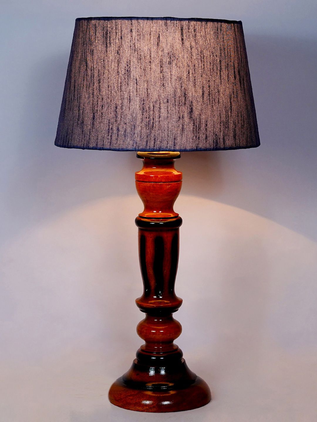 foziq Brown & Blue Textured Wooden Table Lamp Price in India