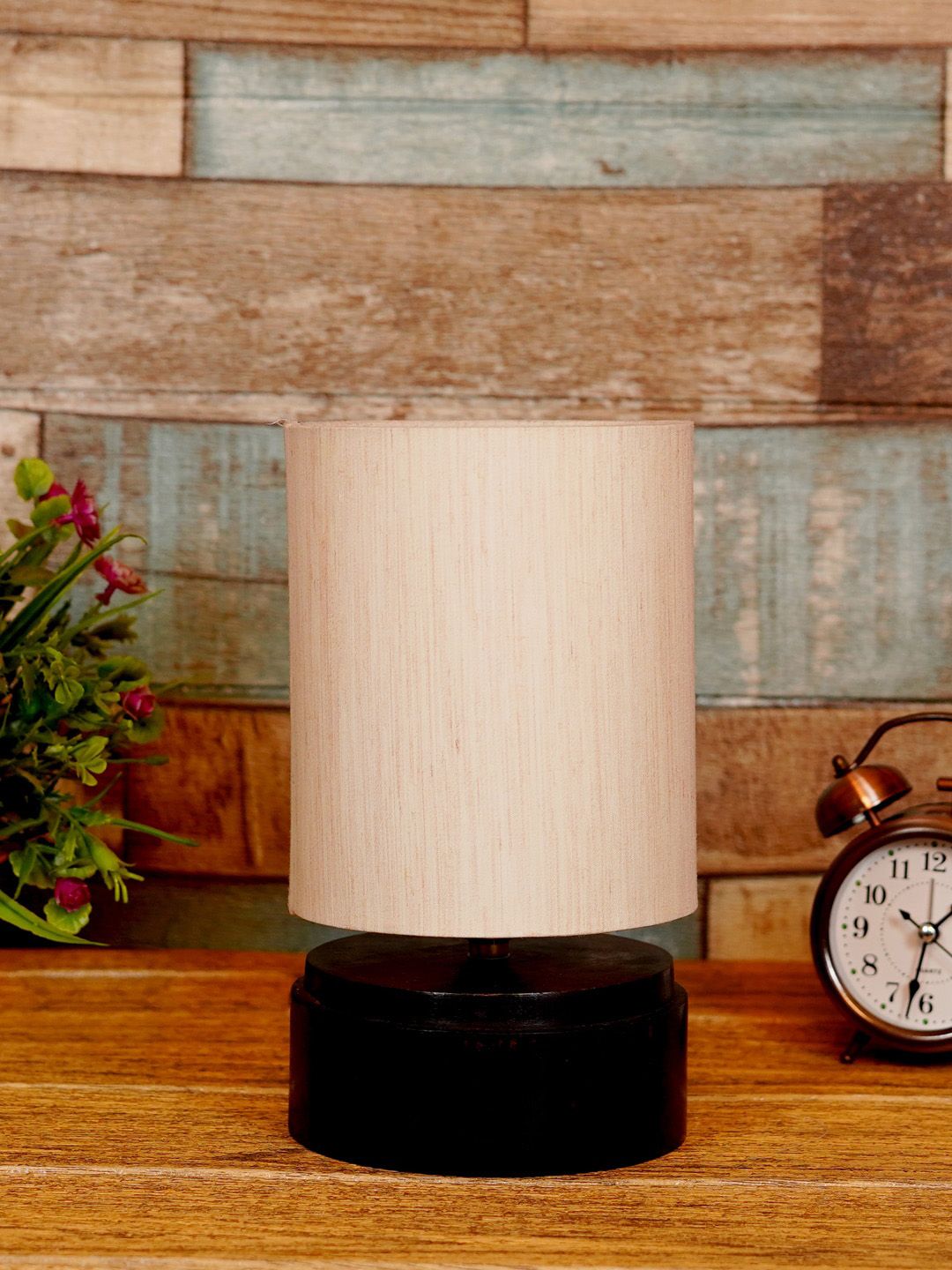 foziq Brown & Beige Textured Wooden Table Lamps Price in India