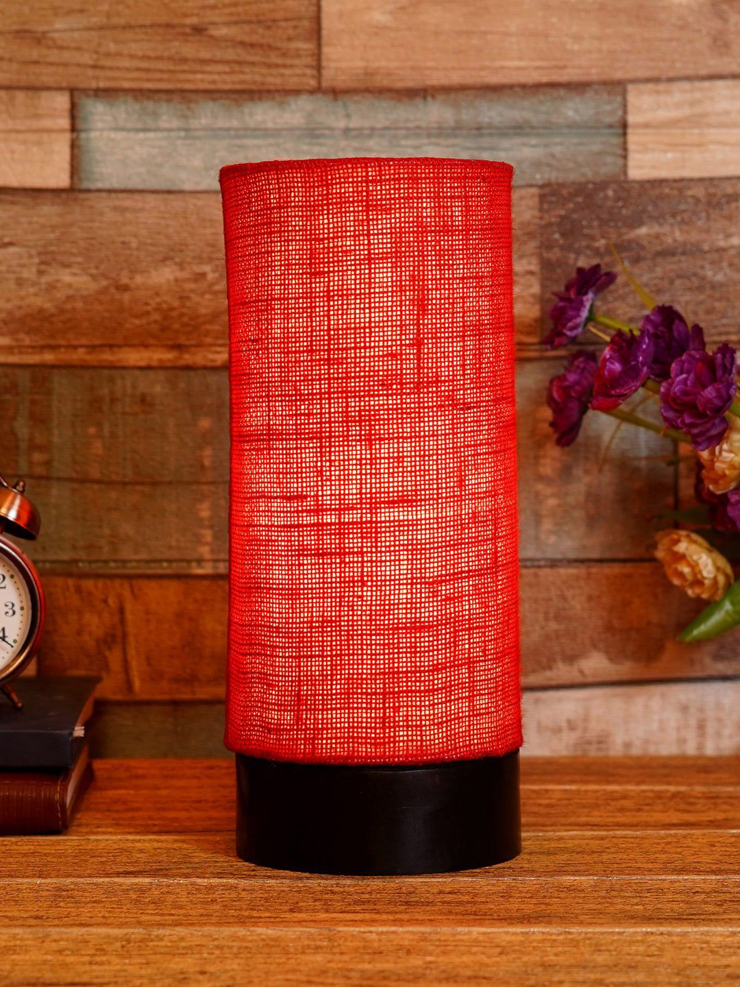 foziq Brown & Red Textured Wooden Table Lamp Price in India