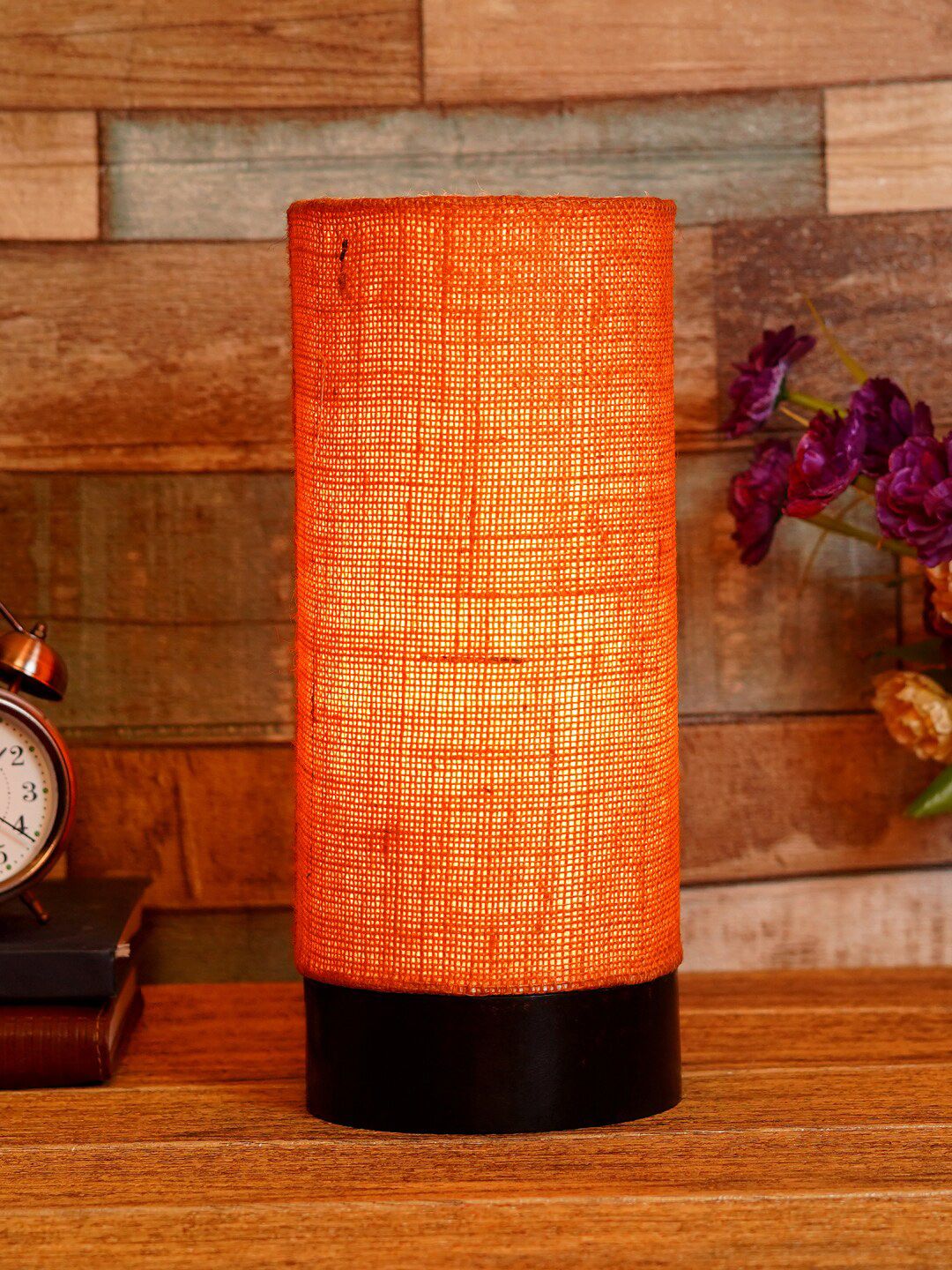 foziq Brown & Orange Textured Wooden Table Lamp Price in India