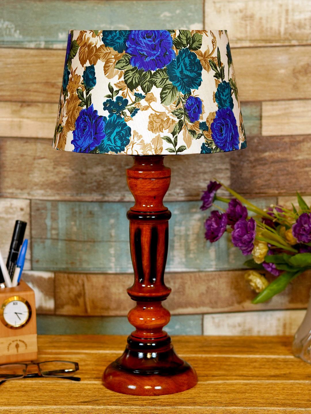 foziq Brown & Blue Printed Wooden Table Lamp Price in India