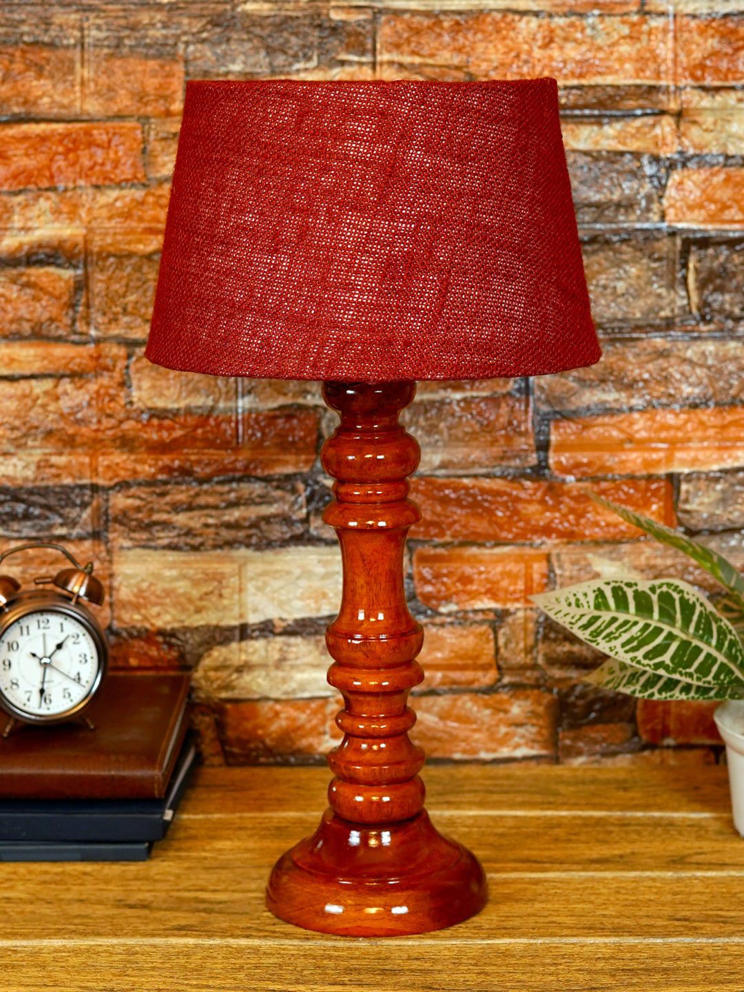 foziq Brown Textured Wooden Table Lamps Price in India