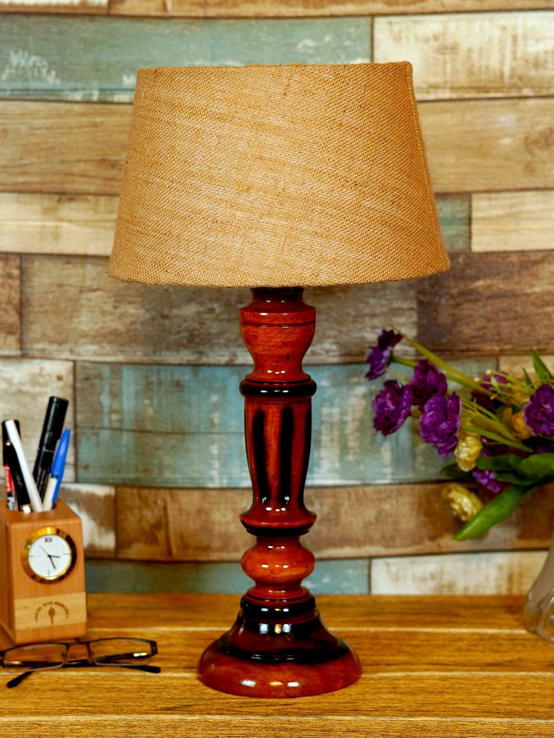 foziq Brown & Beige Textured Wooden Table Lamps Price in India