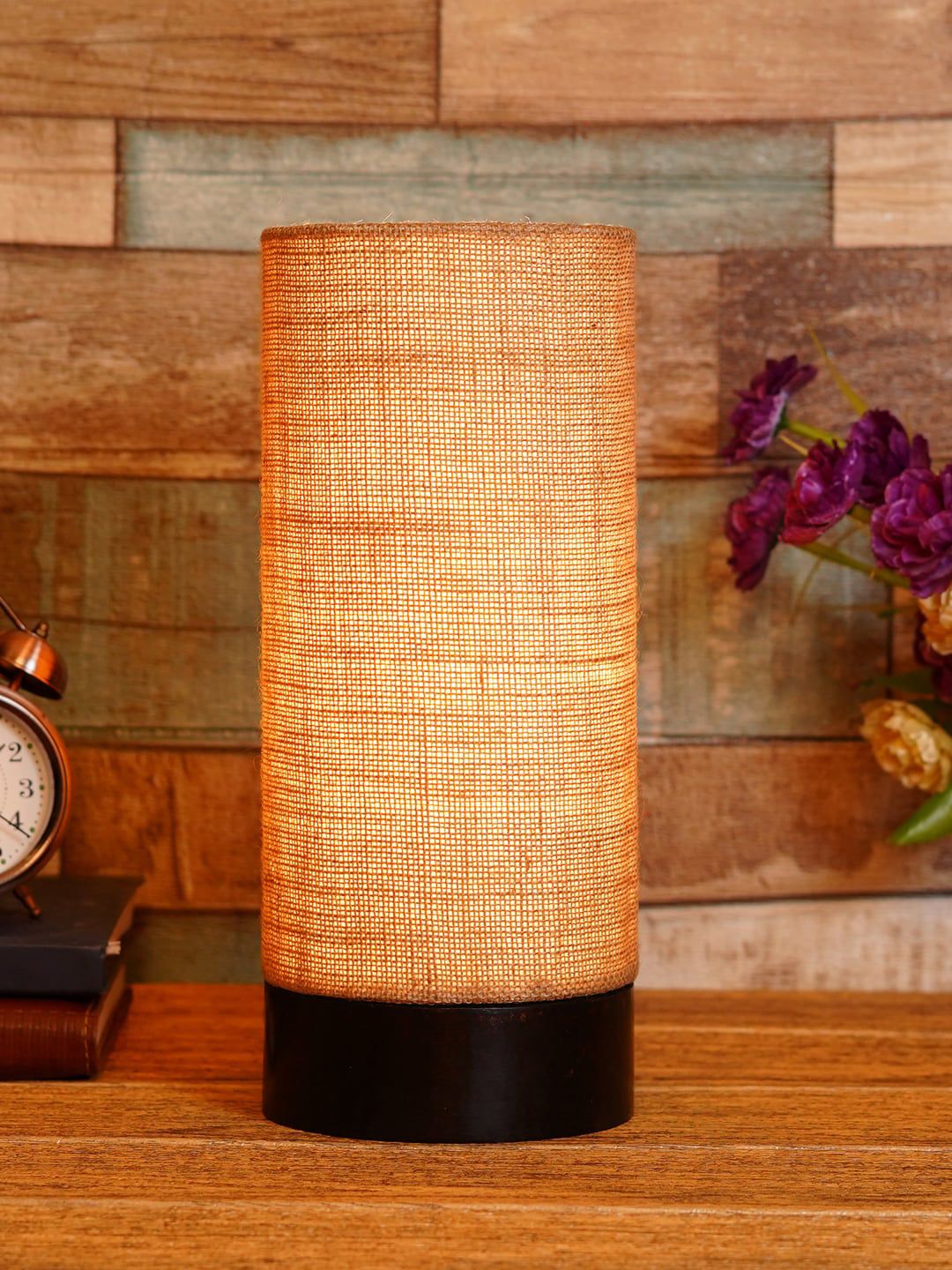 foziq Brown & Beige Textured Wooden Table Lamp Price in India