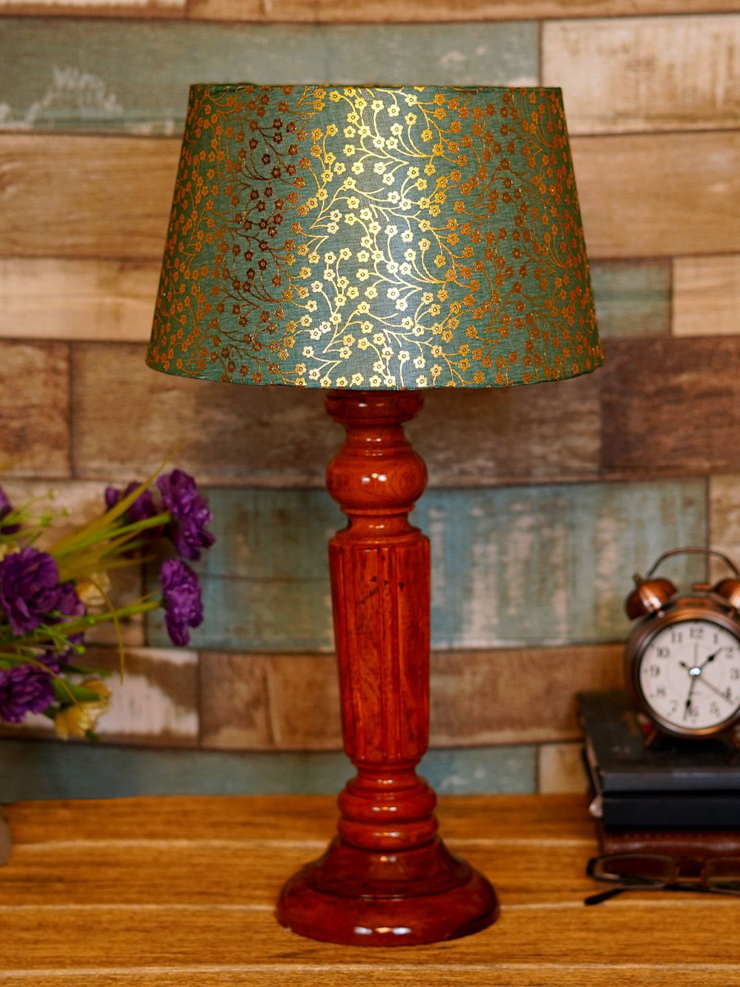 foziq Brown & Blue Printed Wooden Table Lamp Price in India