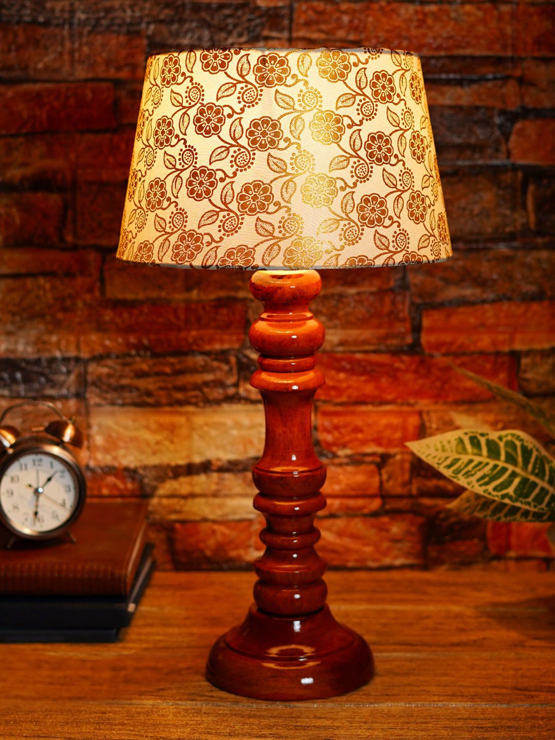 foziq Brown & Gold-Toned Printed Wooden Table Lamp Price in India