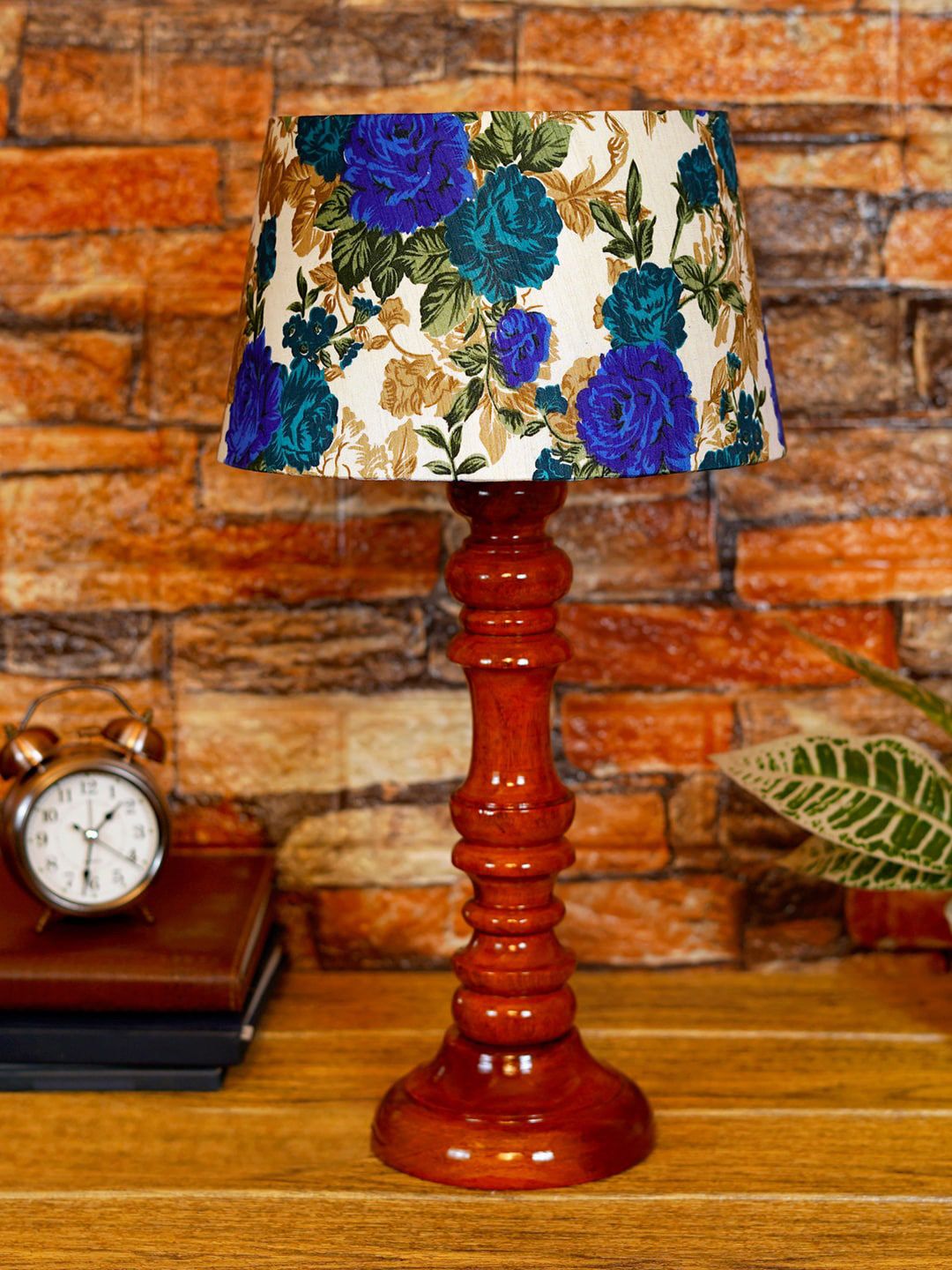 foziq Brown & Blue Printed Wooden Table Lamps Price in India