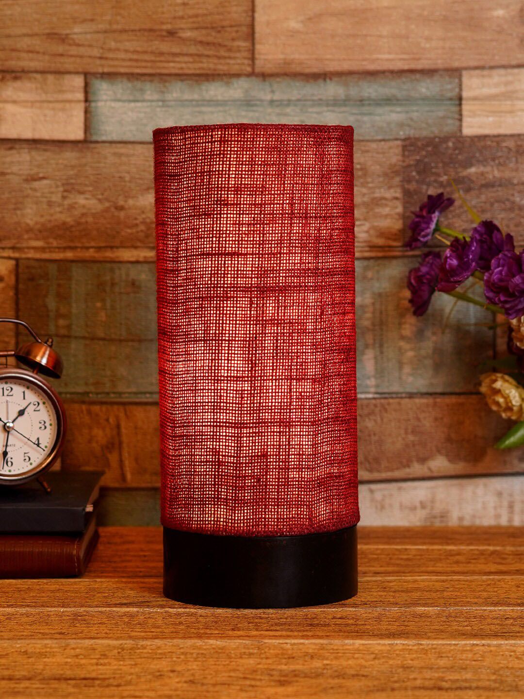 foziq Brown & Maroon Textured Wooden Table Lamps Price in India