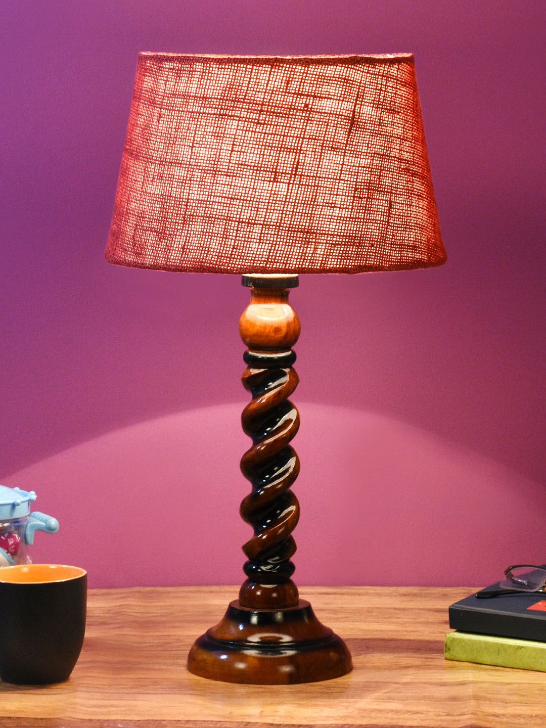 foziq Brown & Red Textured Wooden Table Lamps Price in India