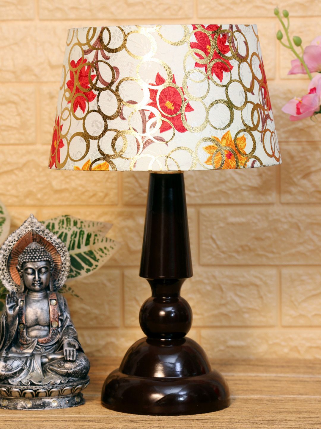 foziq Brown & White Printed Wooden Table Lamps Price in India