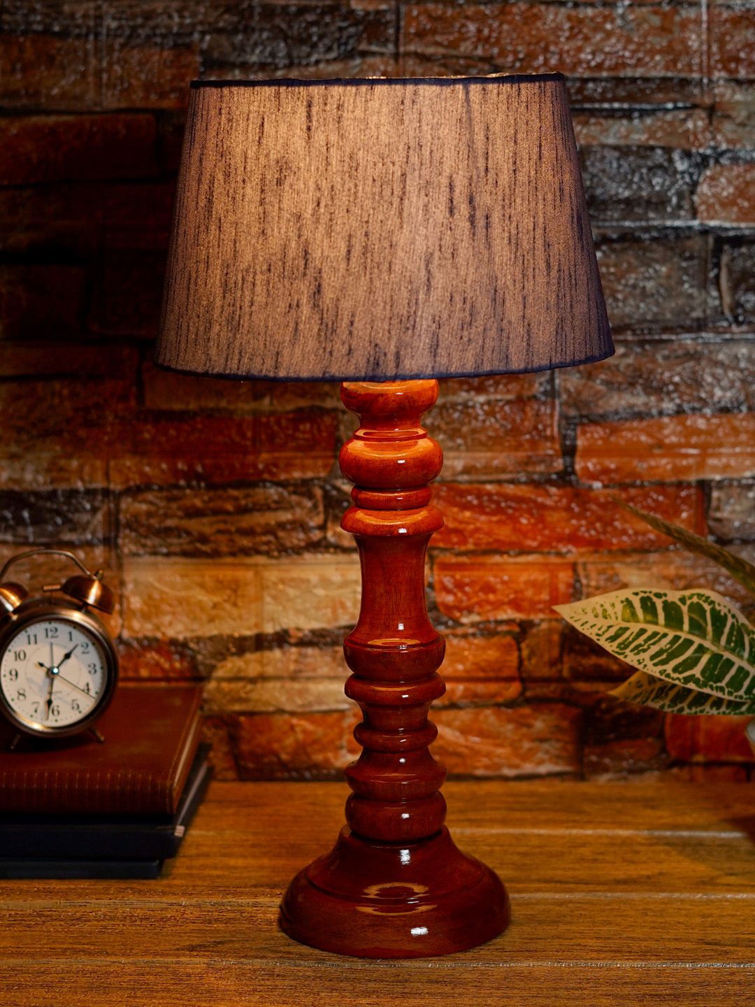 foziq Brown & Blue Textured Wooden Table Lamp Price in India