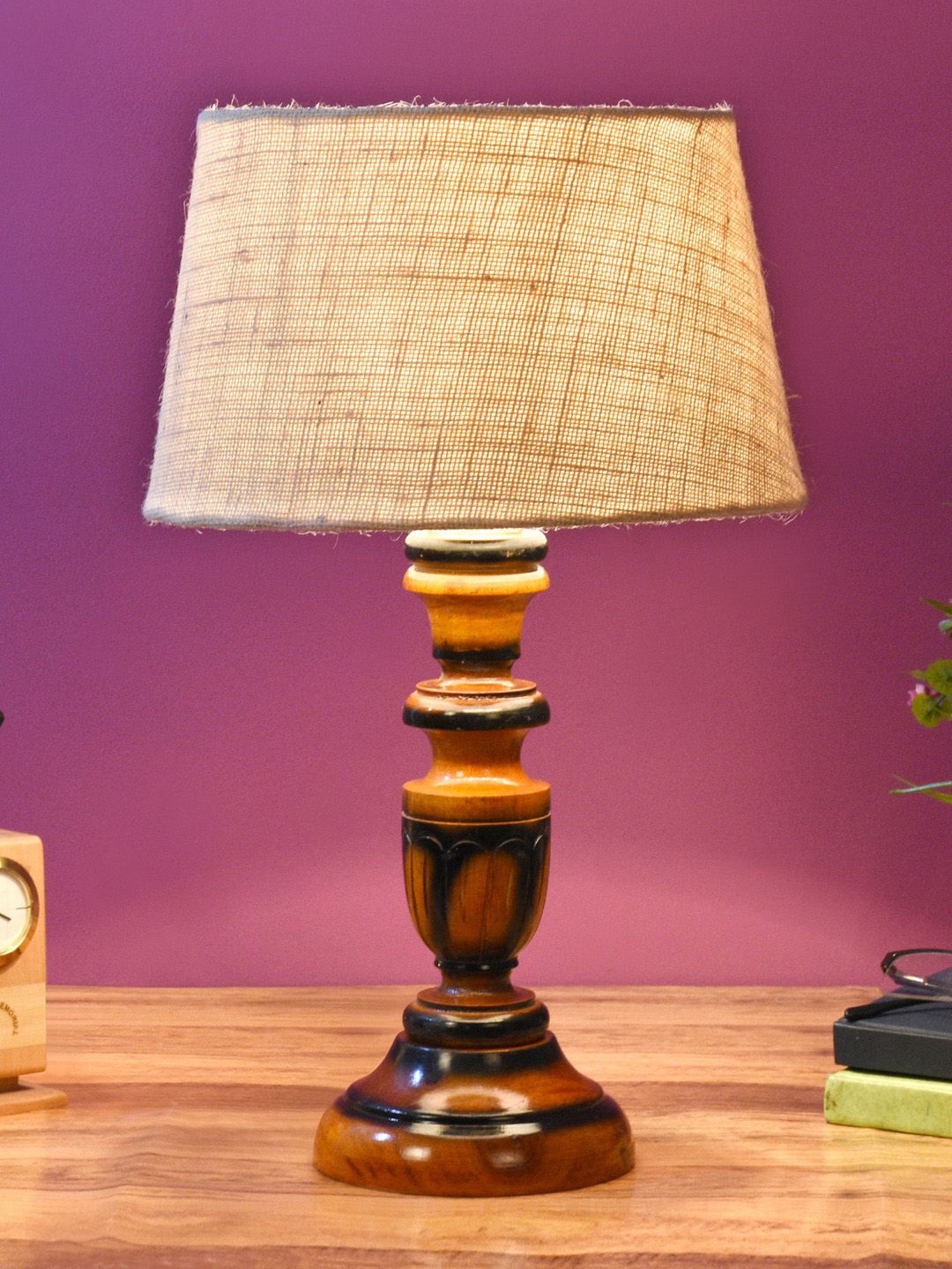 foziq Brown & White Textured Wooden Table Lamps Price in India