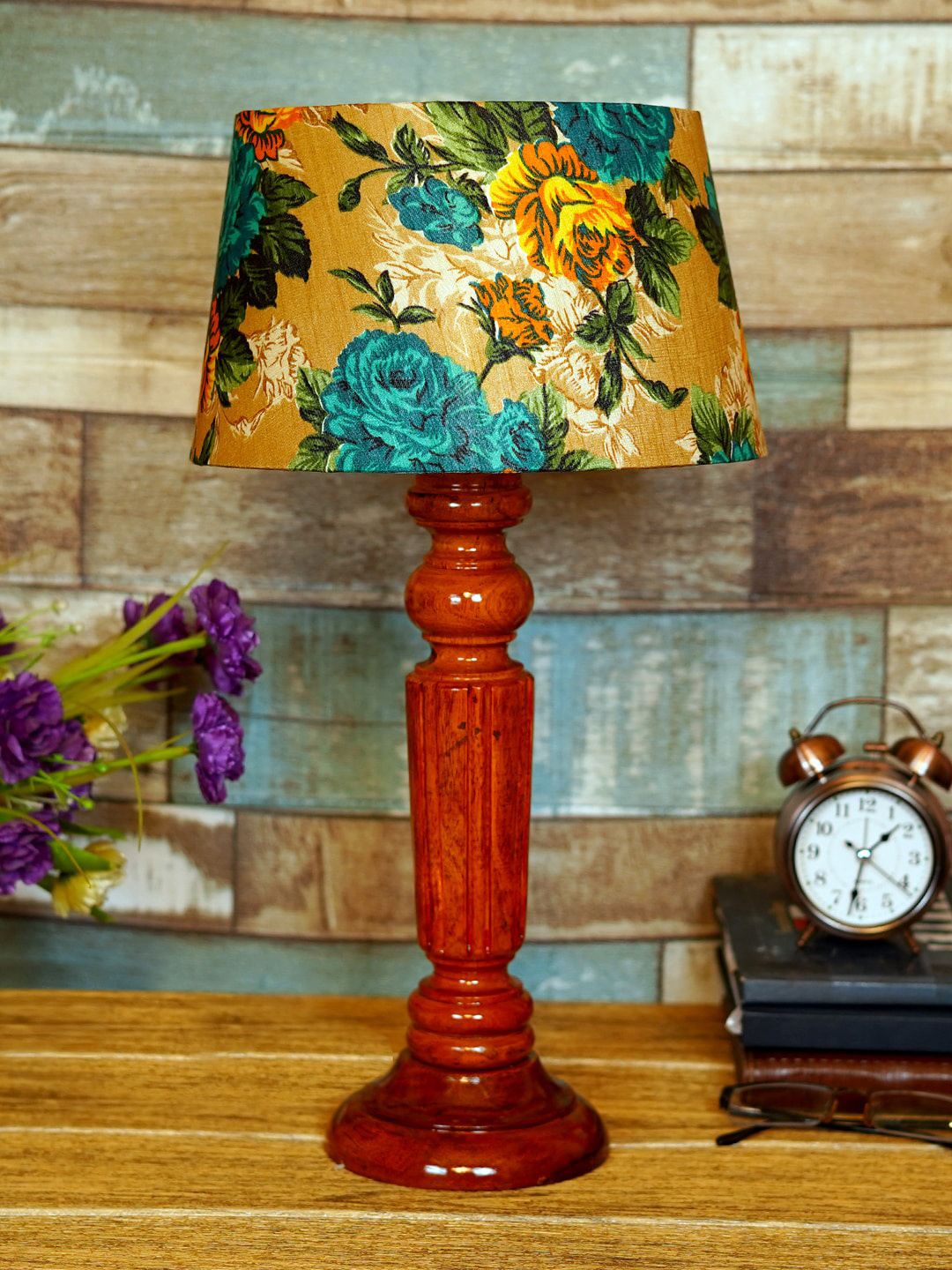 foziq Brown & Yellow Printed Wooden Table Lamps Price in India