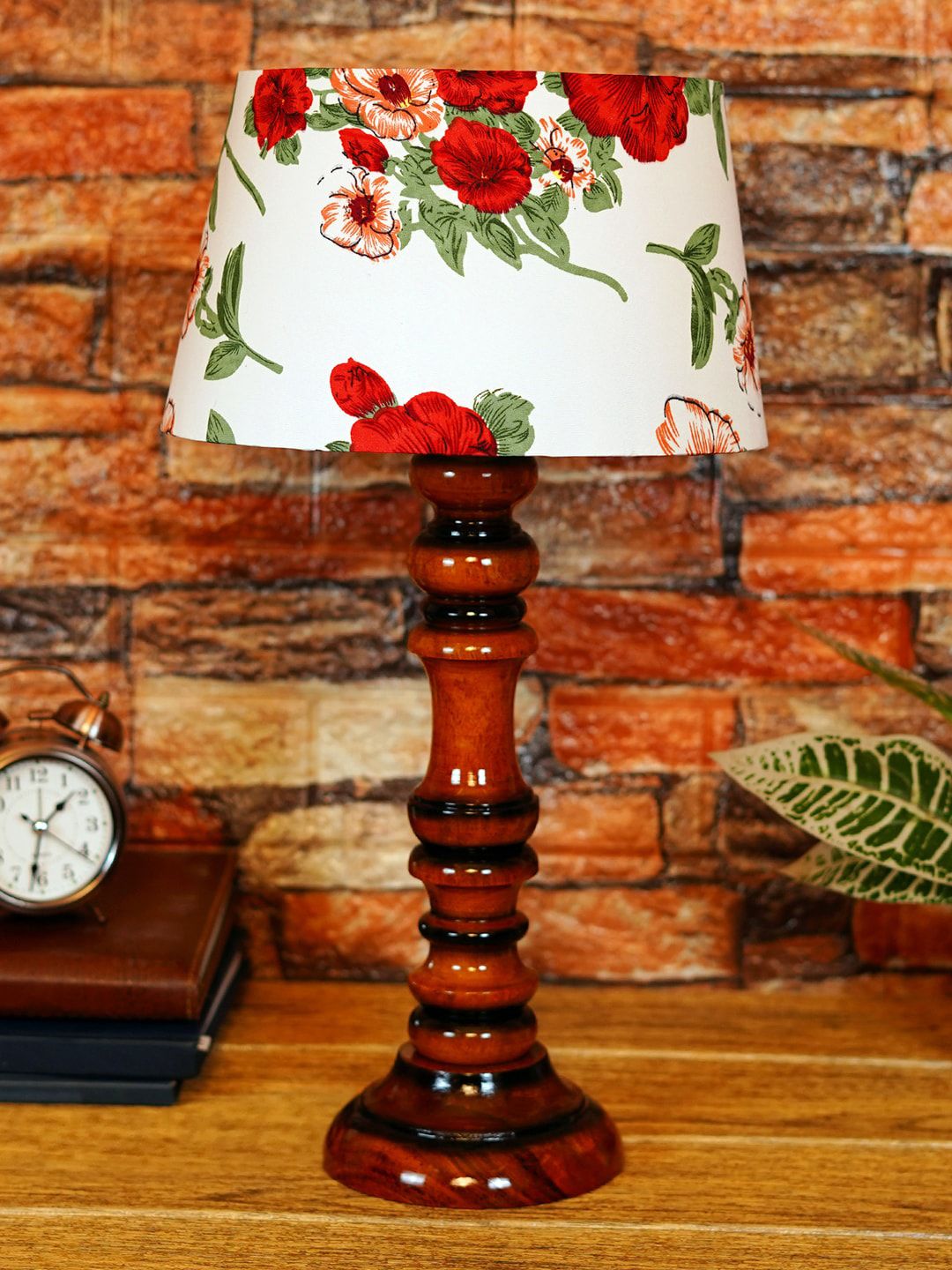 foziq Brown & White Printed Wooden Table Lamps Price in India