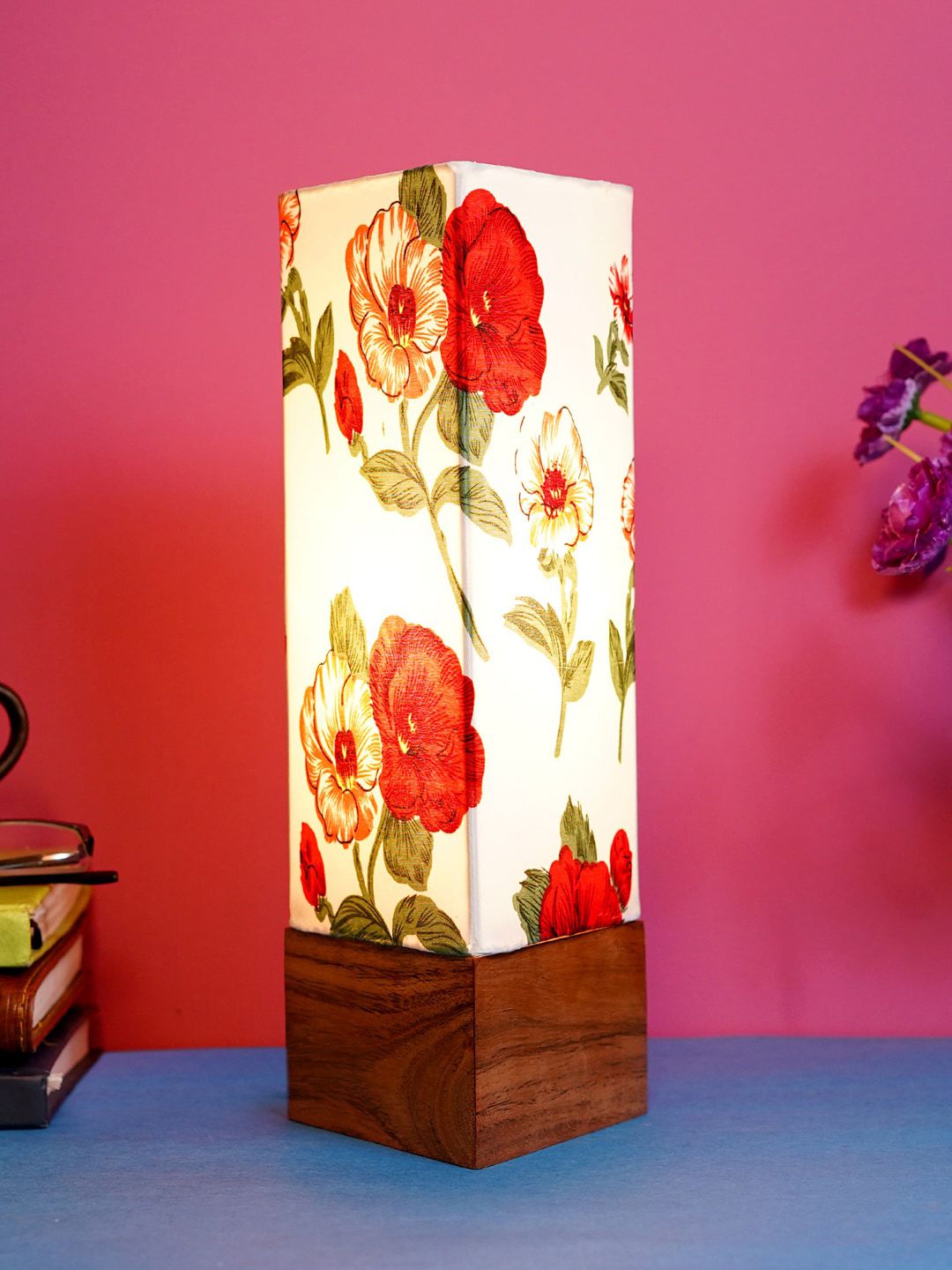 foziq Brown & White Printed Wooden Table Lamp Price in India