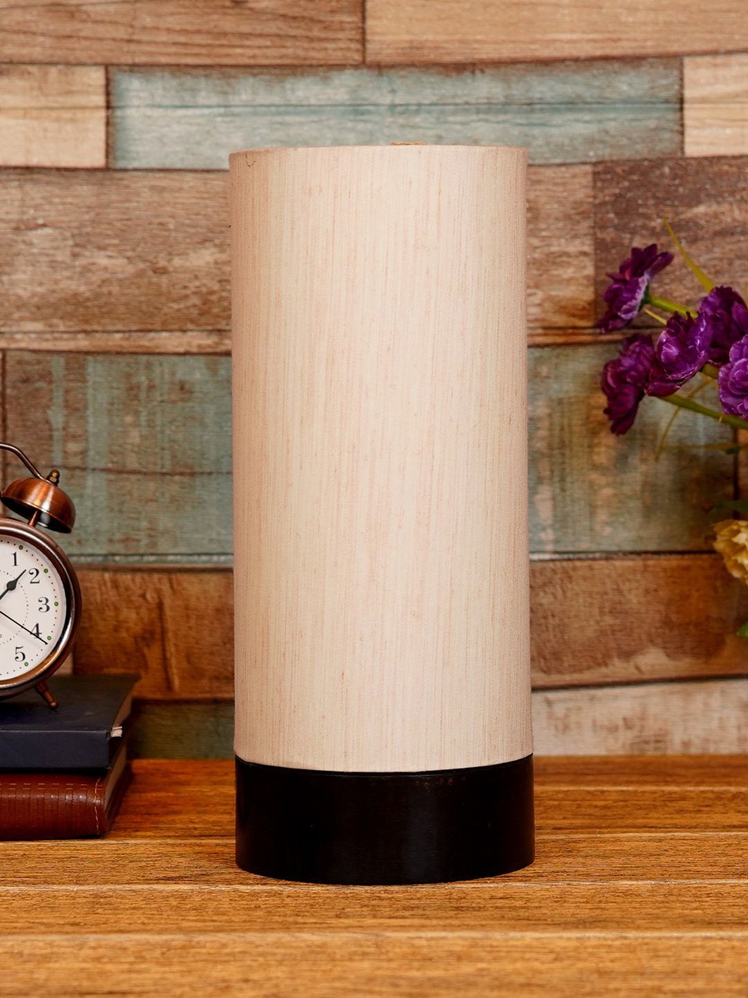 foziq Brown & Off White Textured Wooden Table Lamp Price in India